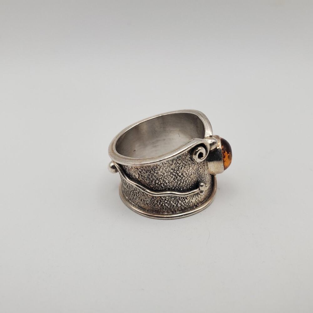 Sterling Silver 925 Artisan Boho Baltic Amber Wide Band Ring Size 6 - Picture 3 of 11